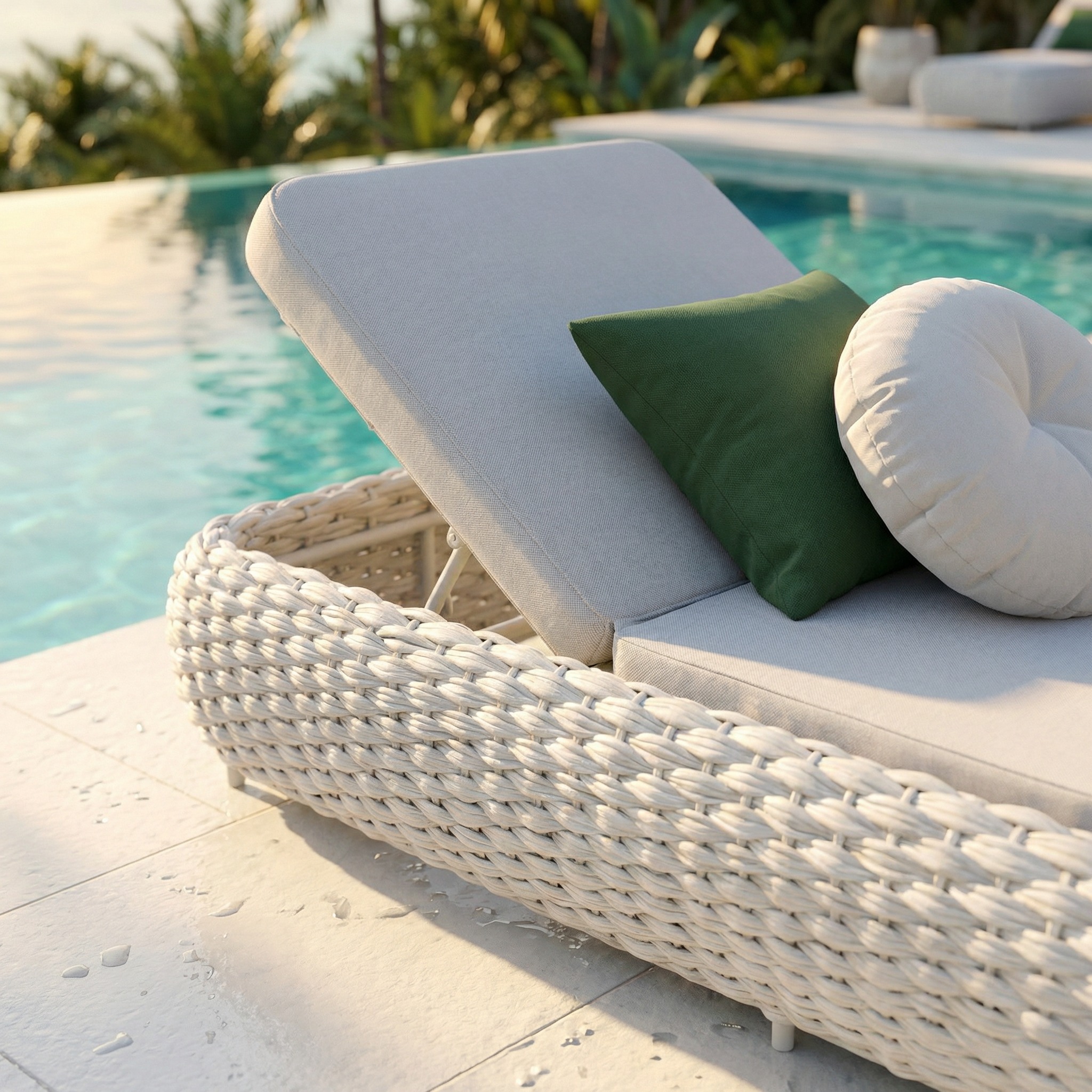 Reposera premium de cuerda junto a la pileta — BanPre - muebles outdoor de alta calidad