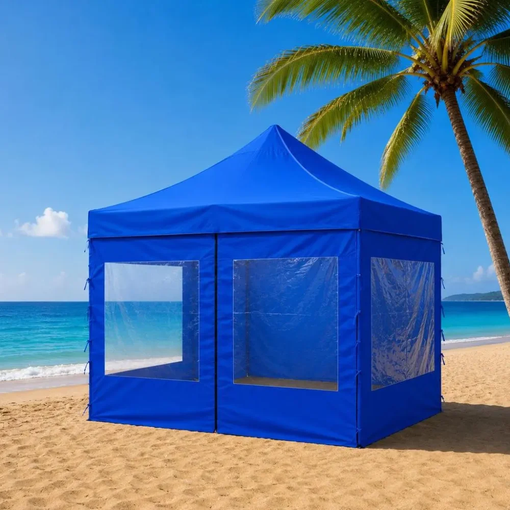 Gazebo plegable de aluminio color azul de 3×3 m armado en un jardín