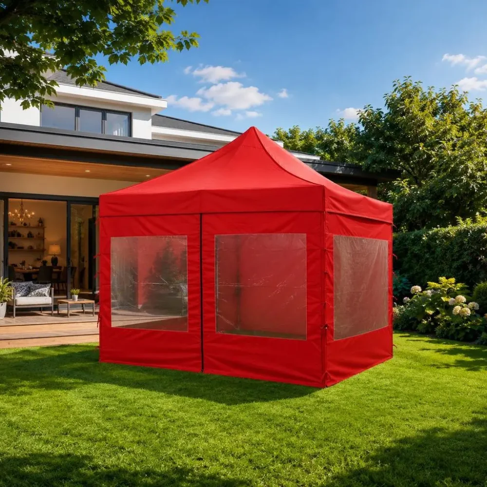 Gazebo plegable de aluminio color rojo de 3×3 m armado en un jardín