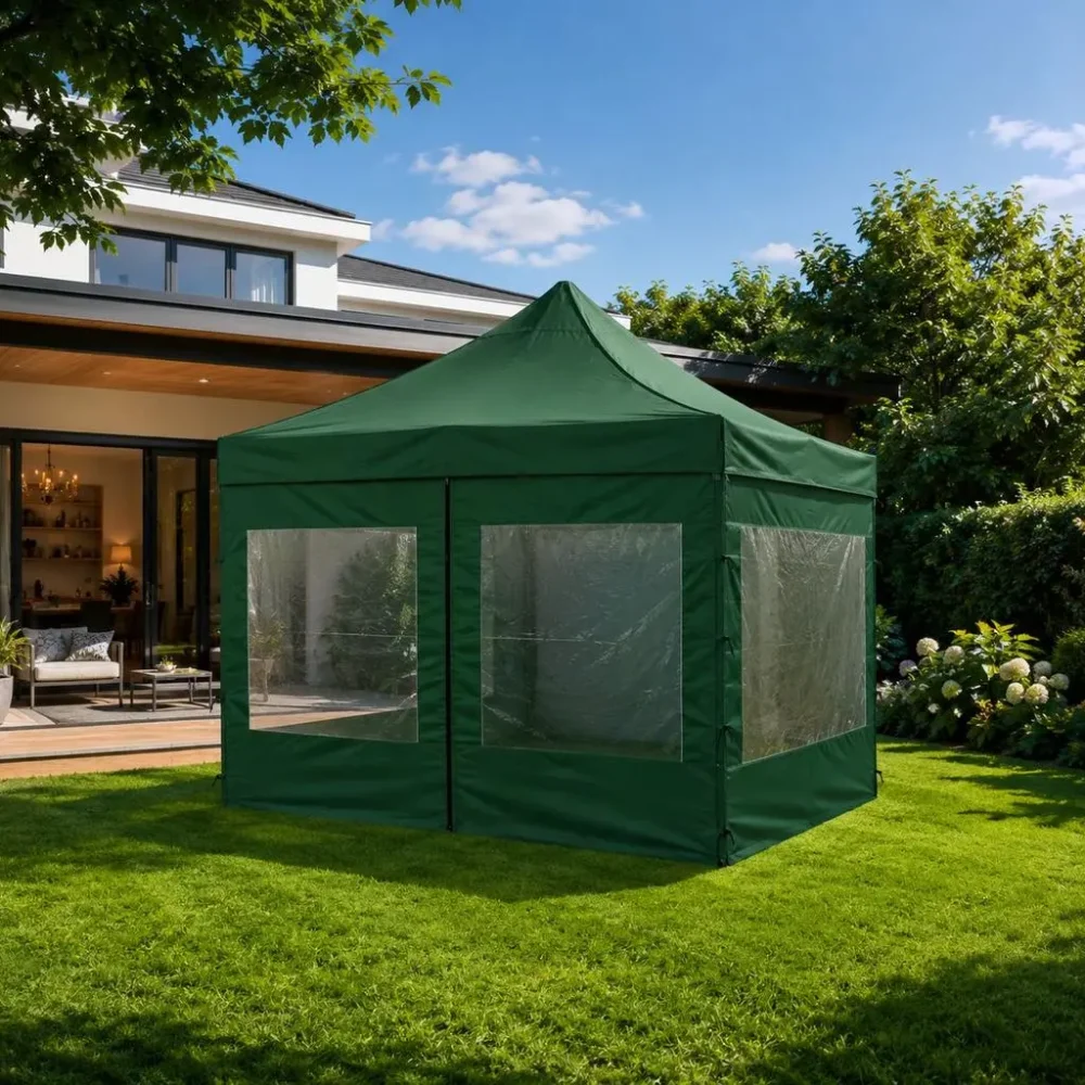 Gazebo plegable de aluminio color verde de 3×3 m armado en un jardín