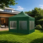 Gazebo plegable de aluminio color verde de 3×3 m armado en un jardín