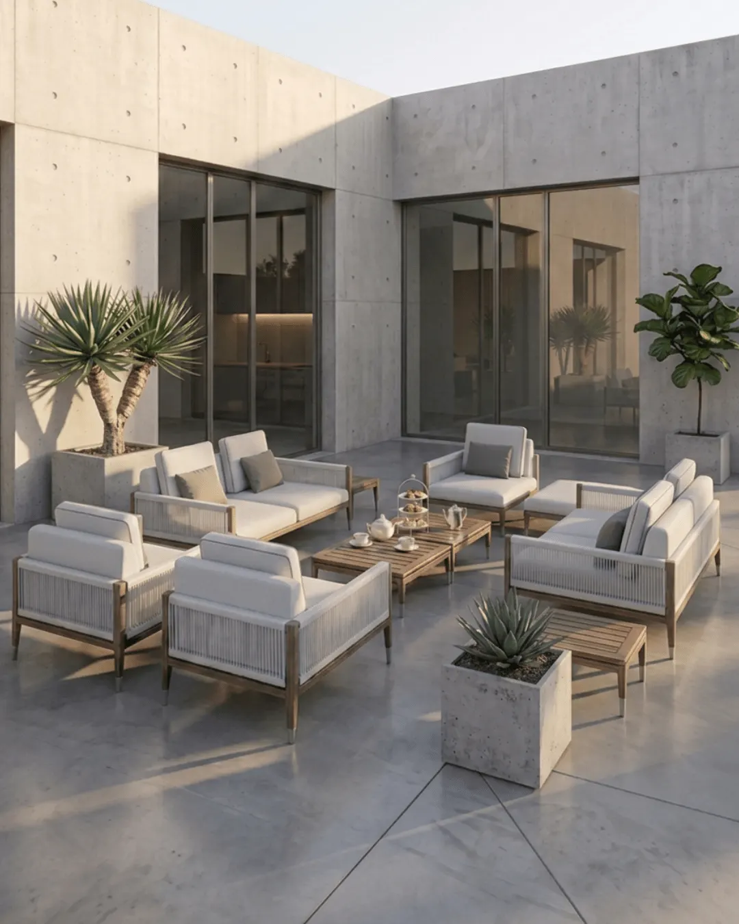 Living exterior de 8 piezas tapizado blanco con mesa ratona y macetas de hormigón